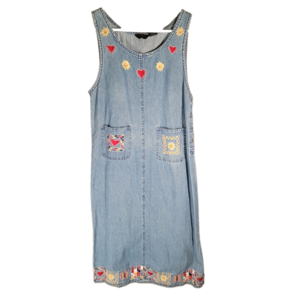 Vintage Agapo Denim Jumper Dress Petite L Maxi Hearts Sunflowers Concho 90s Boho